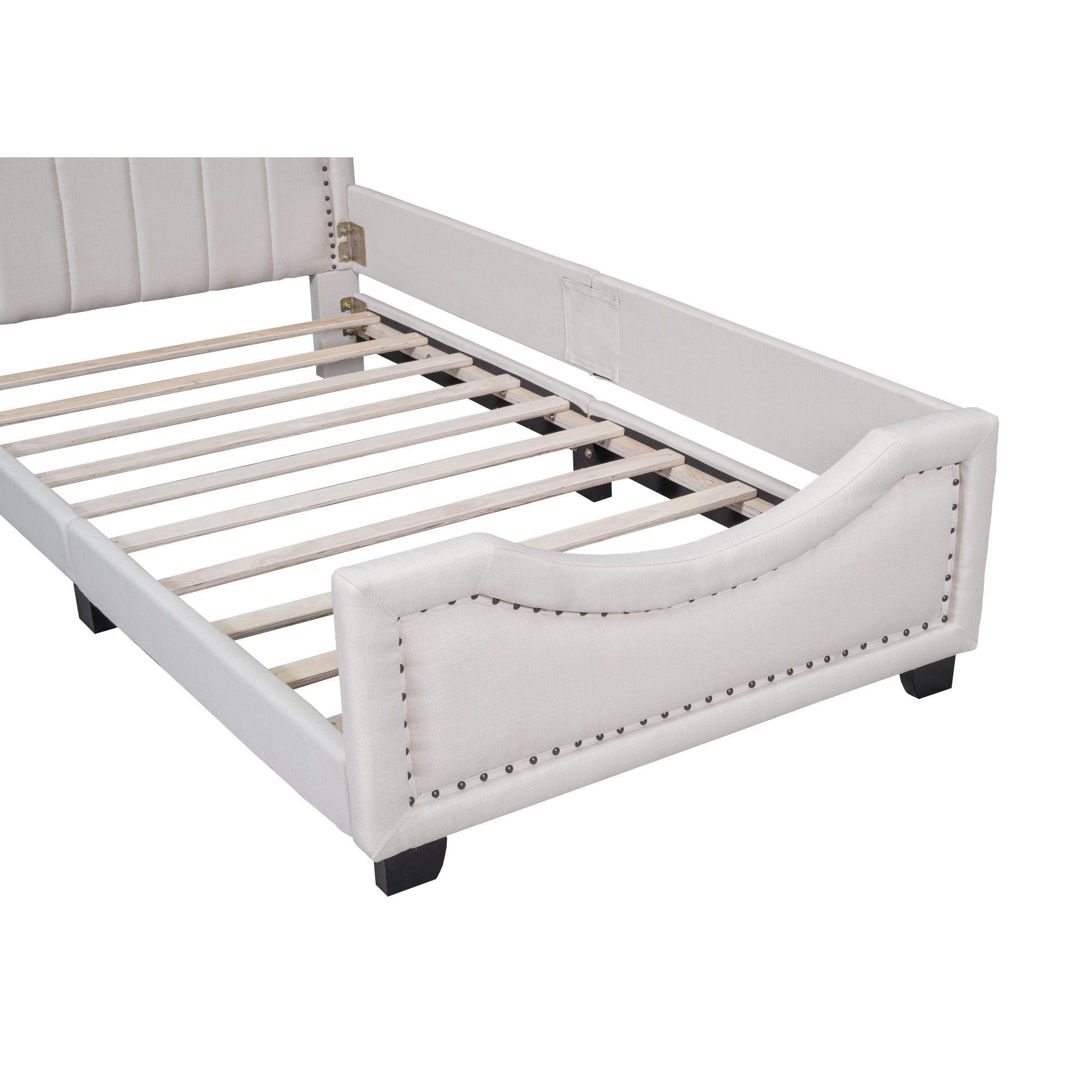 Twin Size Upholstered Platform Bed with Nailhead Trim Decoration and Guardrail, Beige - Atlantic Fine Furniture Melbourne FL