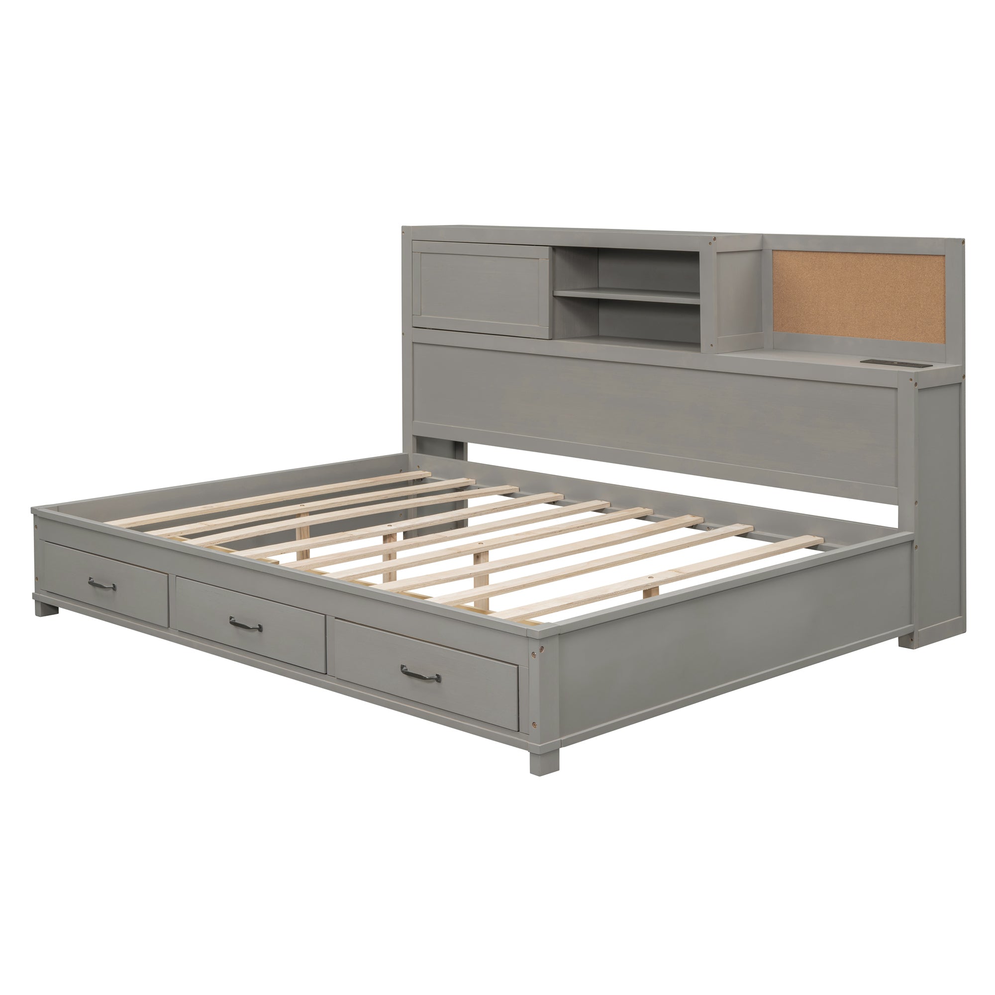 Full Size Wooden Daybed with 3 Storage Drawers, Upper Soft Board, shelf, and a set of Sockets and USB Ports, Gray - Atlantic Fine Furniture Melbourne FL