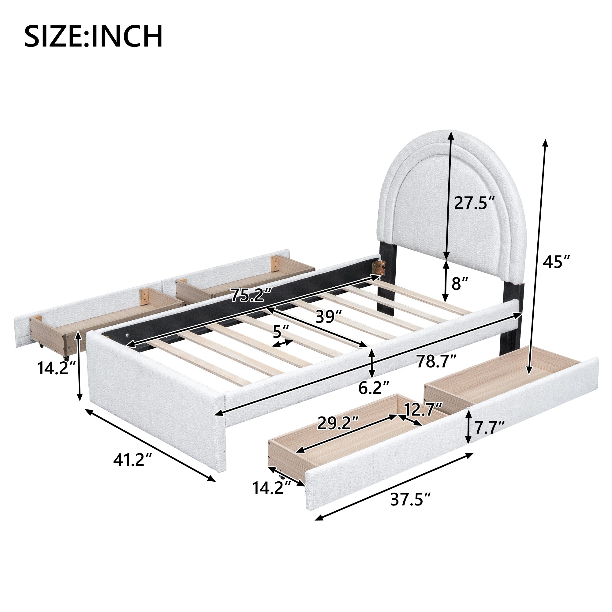 Teddy Upholstered Platform Bed With Four drawers, Twin, White - Atlantic Fine Furniture Melbourne FL