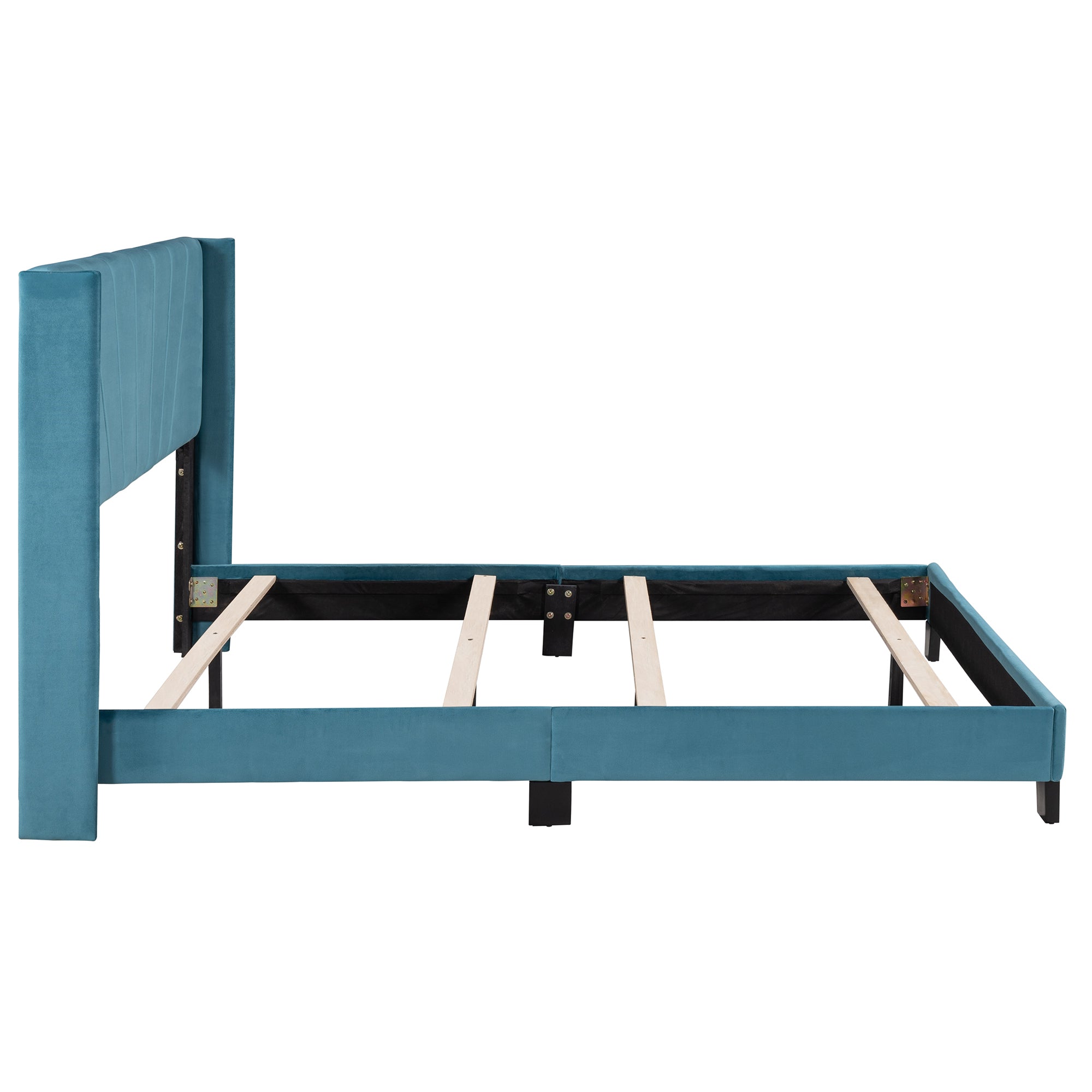 Queen Size Velvet Upholstered Platform Bed, Box Spring Needed - Blue - Atlantic Fine Furniture Melbourne FL
