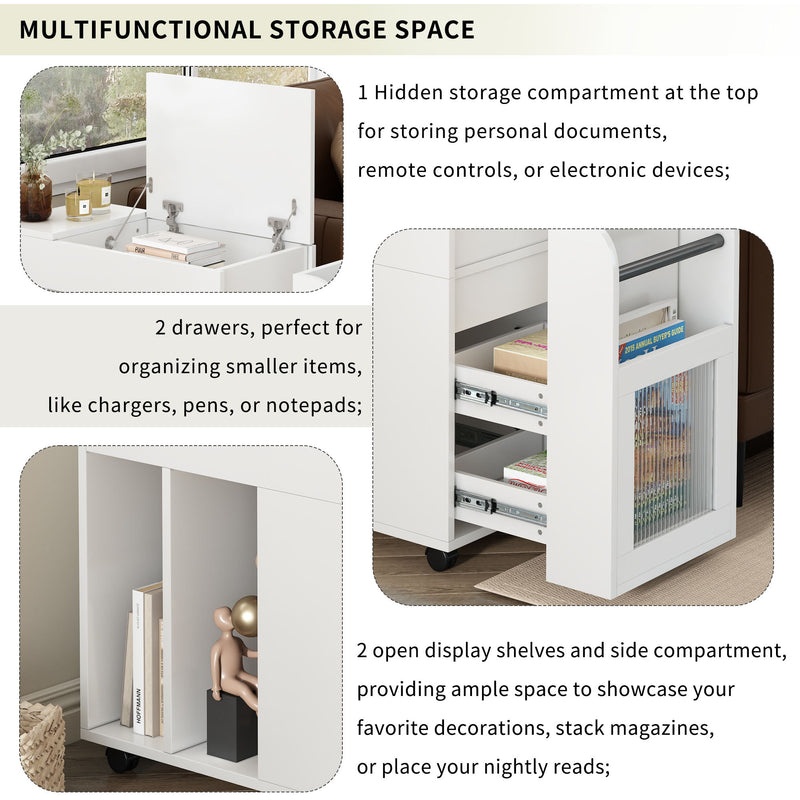 Multifunctional Extendable End Table With Wheels, Side Table With Tempered Glass Door, 2 Storage Shelves, 2 Drawers For Living Room