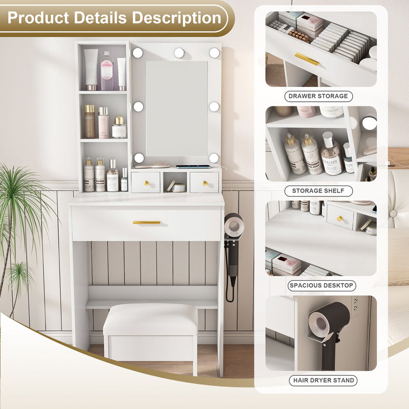 Vanity Table With Mirror, Adjustable LED Lights, Power Outlet, Hairdryer Holder & Stool