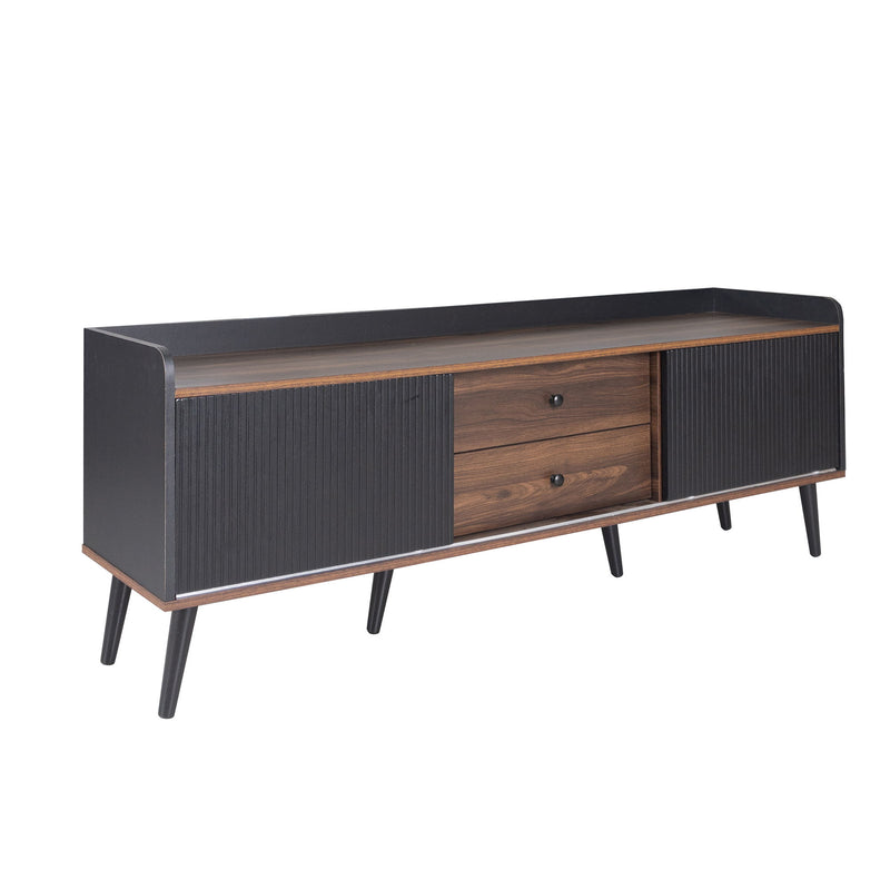 Mid Century TV Stand With 2 Cabinets & Open Compartments, Entertainment Center For Tvs Up To 70'', Television Console For Living Room - Dark Coffee / Black