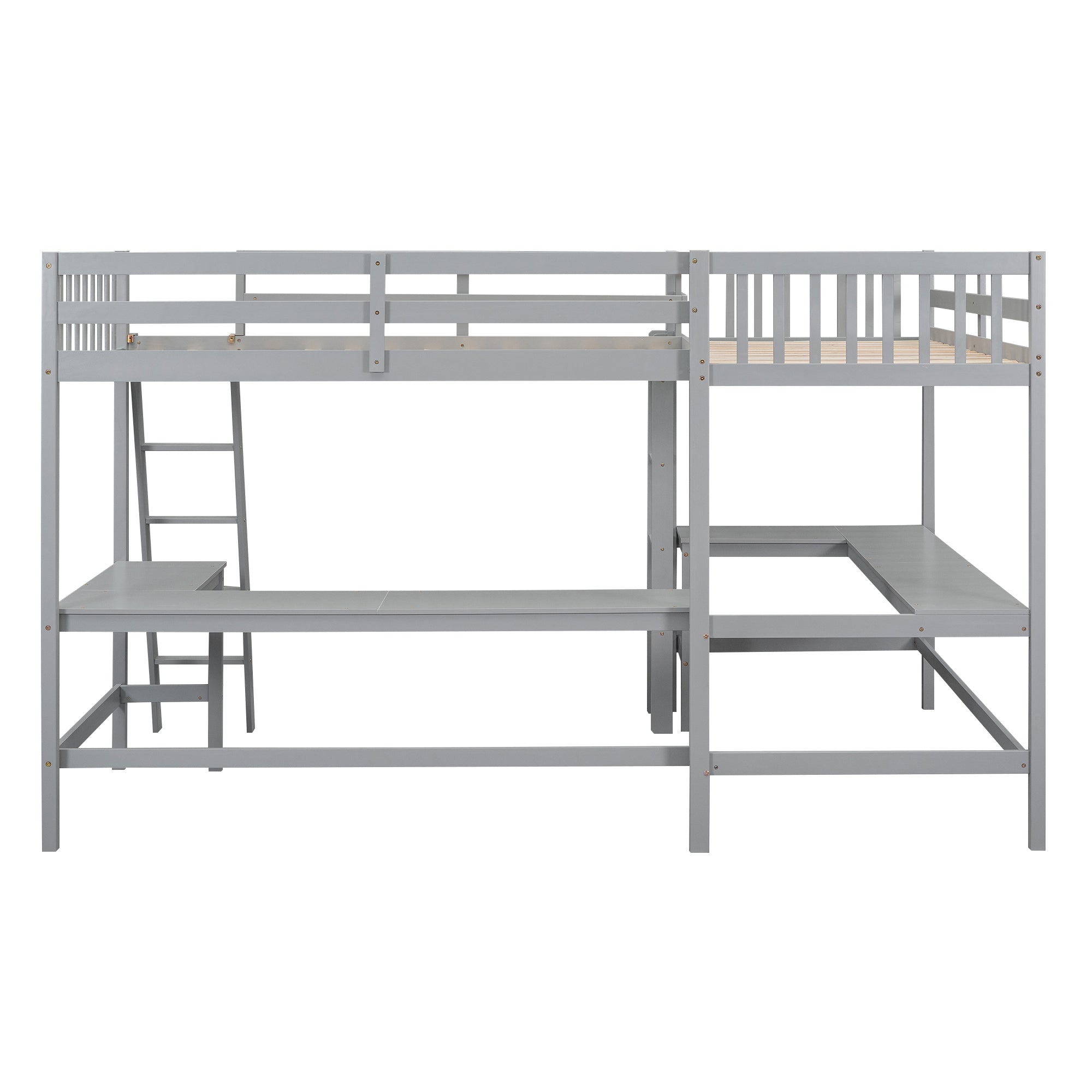 Wood Twin Size L-Shaped Loft Bed with Ladder and 2 Built-in L-Shaped Desks, Gray - Atlantic Fine Furniture Melbourne FL