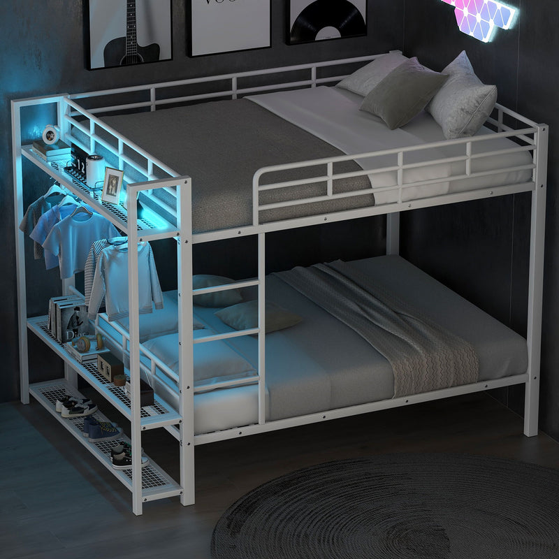 Bunk Bed With Storage Mesh Shelves, Clothes Hooks, LED Light
