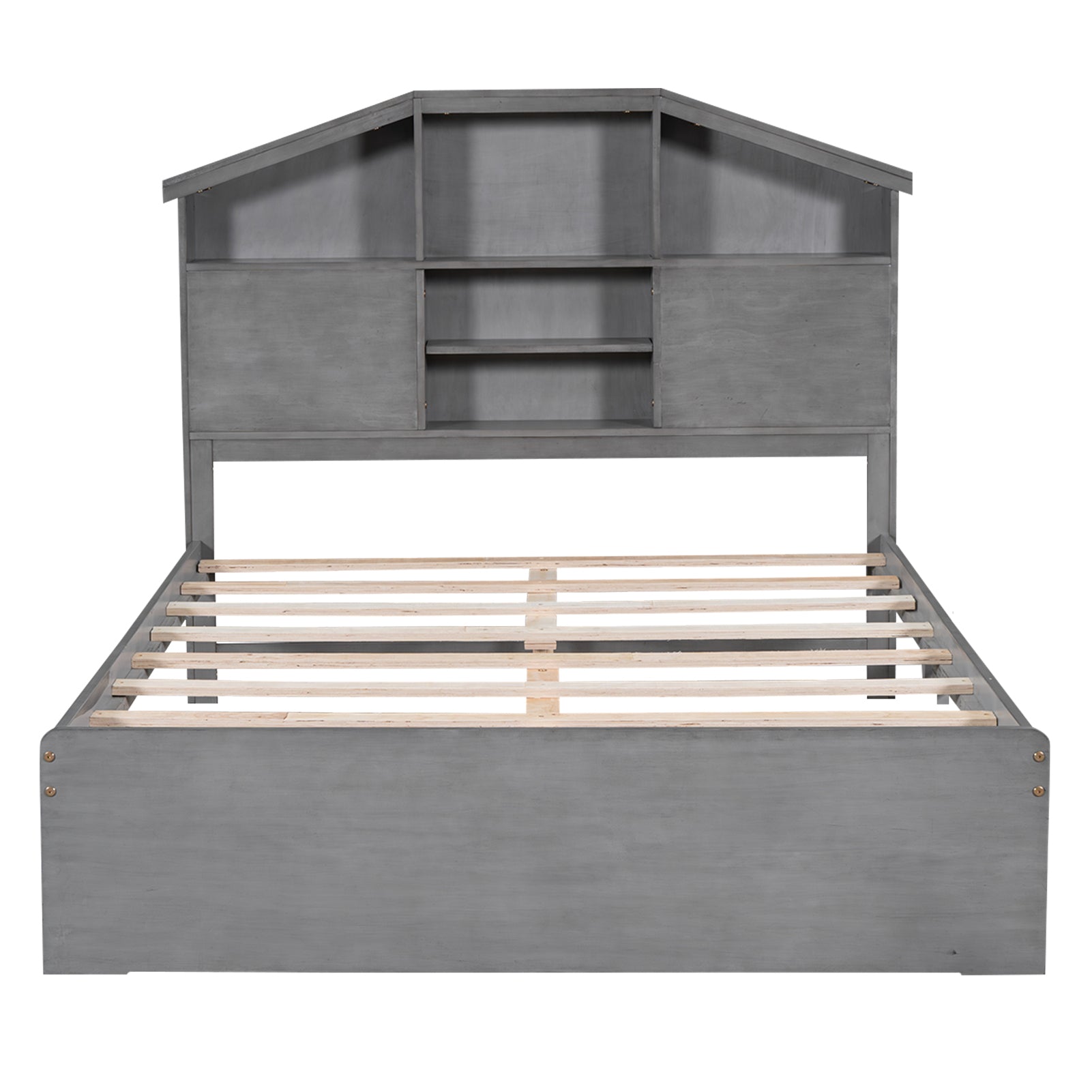 Full Size Wood Platform Bed with House-shaped Storage Headboard and 2 Drawers, Gray - Atlantic Fine Furniture Melbourne FL