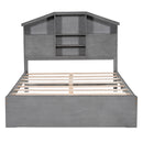 Full Size Wood Platform Bed with House-shaped Storage Headboard and 2 Drawers, Gray