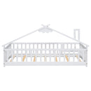 Twin House-Shaped Bedside Floor Bed with Guardrails, Slats, with Door,White