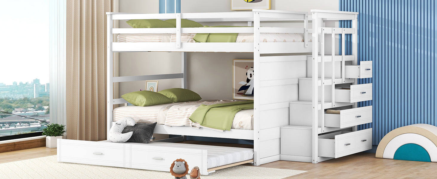 Full Over Full Bunk Bed with Twin Size Trundle and Staircase, White - Atlantic Fine Furniture Melbourne FL