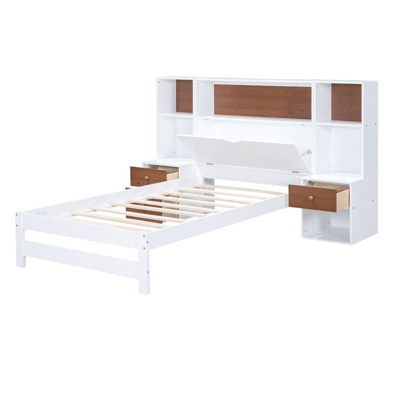 Twin Size Platform Bed with Storage Headboard and Drawers, White