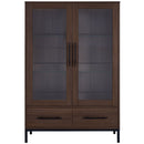 Modern Style Tall Display Cabinet With LED Lighting, Tempered Glass Door, 2 Drawers
