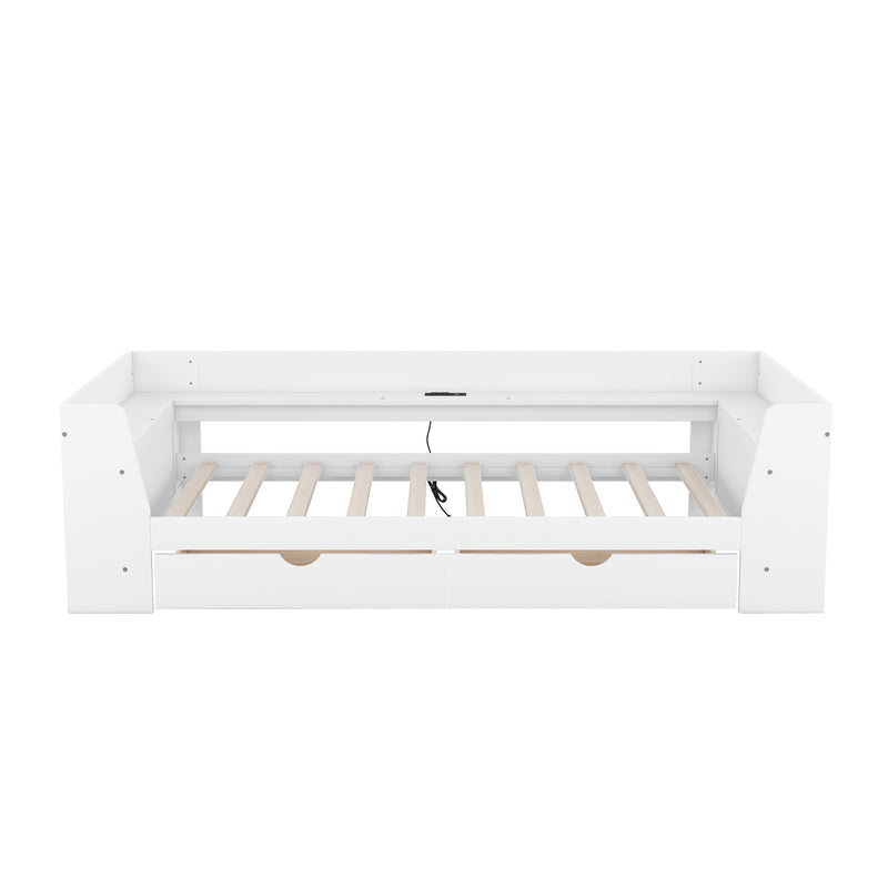 Twin Size Daybed with Shelves, Drawers and Built-In Charging Station, White