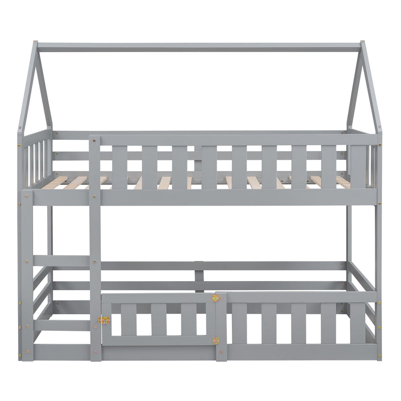 Twin Over Twin House Bunk Bed With Fence And Door - Gray