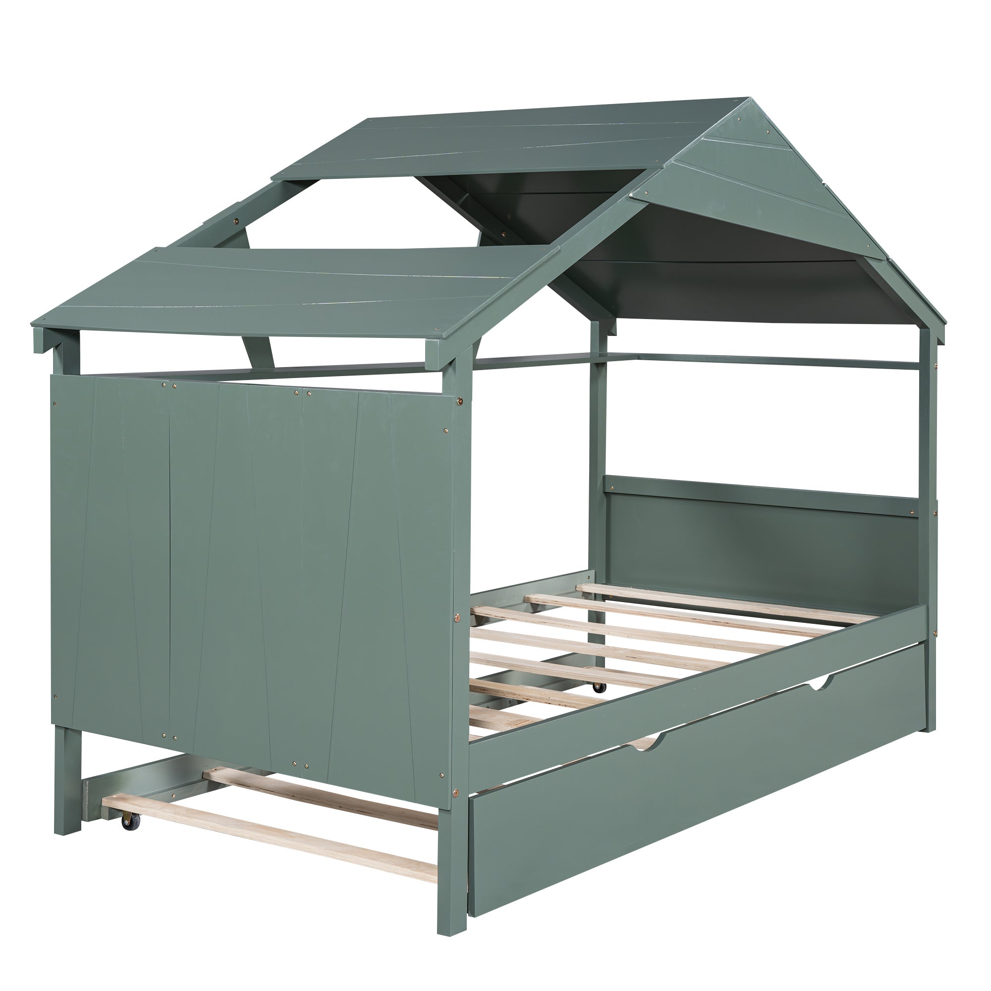Wood Twin Size House Bed with Trundle and Storage, Green - Atlantic Fine Furniture Melbourne FL