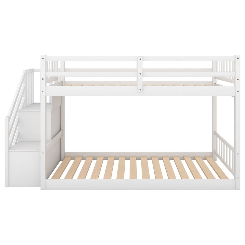 Twin Over Twin Floor Bunk Bed, Ladder With Storage