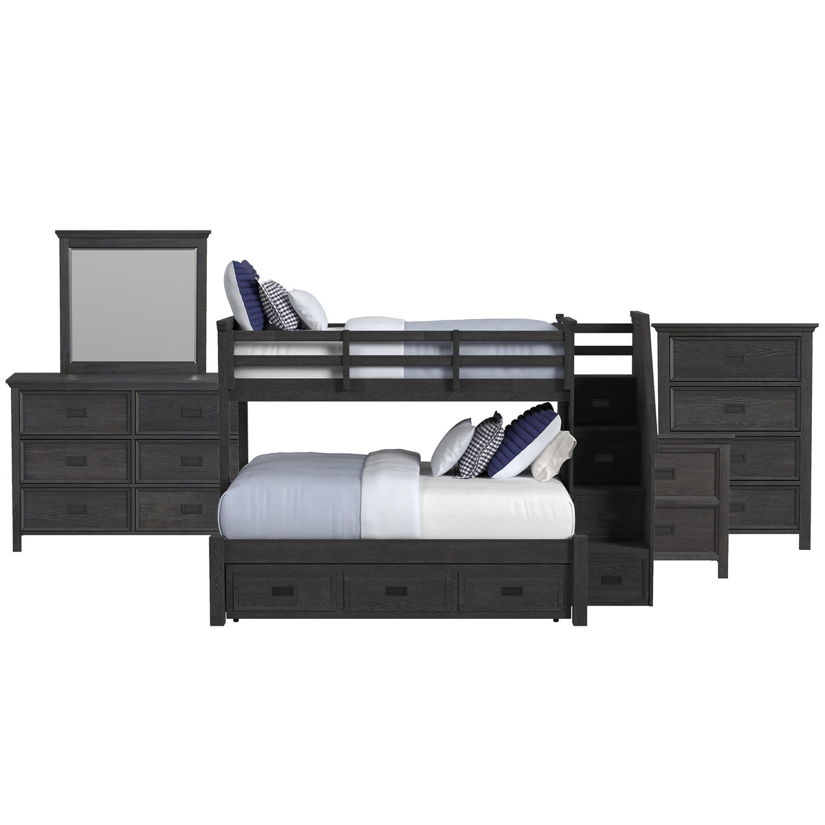 Hampton Kids Bunk With Staircase And Trundle Bedroom Set in Black by Elements International, view 5