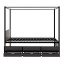 Queen Size Metal Canopy Platform Bed with Twin Size Trundle and 3 Storage Drawers, Black