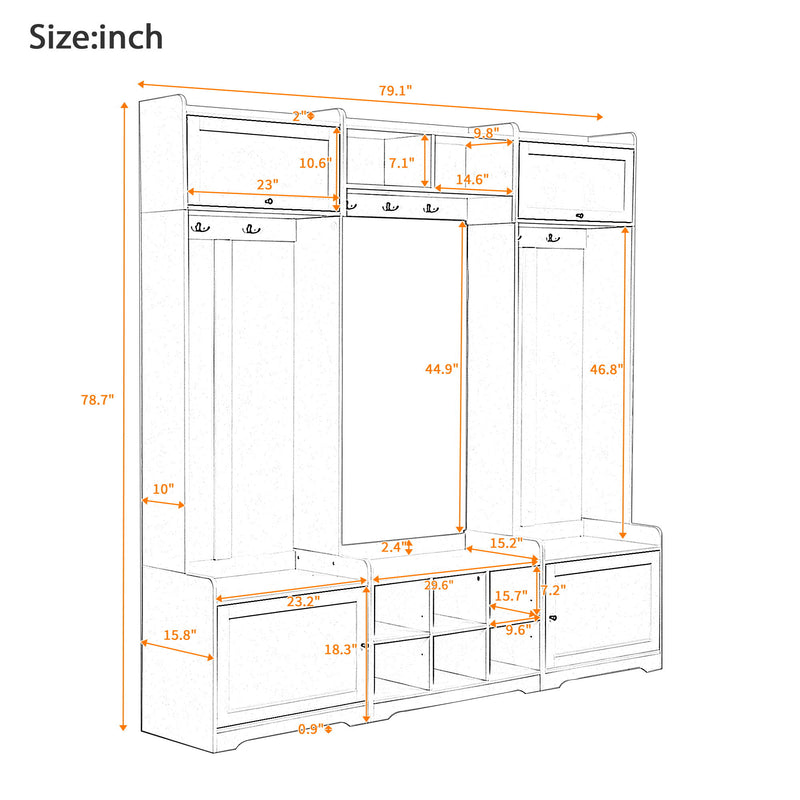 Wide Hall Tree With Shoe Storage, 4 In 1 Entryway Bench With 8 Cubbies, 7 Coat Hooks & Adjustable Shelf For Hallway - White