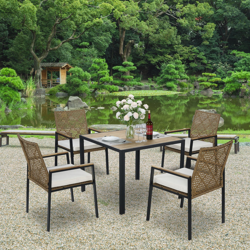 5 Piece Patio Dining Table Set, Acacia Wood Table Top With Umbrella Hole