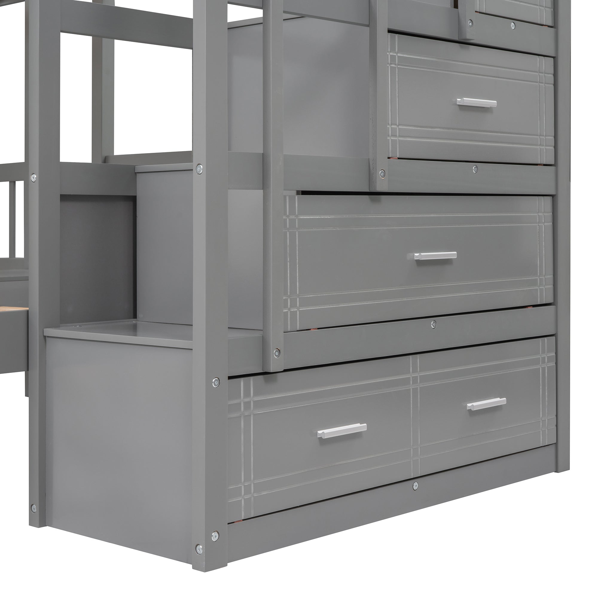 Full Over Twin & Twin Bunk Bed, Wood Triple Bunk Bed with Drawers and Guardrails (Gray) - Atlantic Fine Furniture Melbourne FL