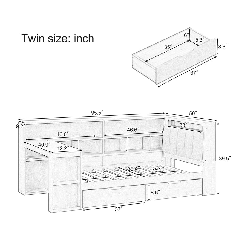 L Shaped Daybed With Desk, Bookcase, Upholstered Headboard, Drawers, And LED Light
