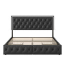 Queen Upholstered Bed Frame with 4 Storage Drawers, PU Leather Platform Bed with LED Headboard, No Box Spring Needed, Black