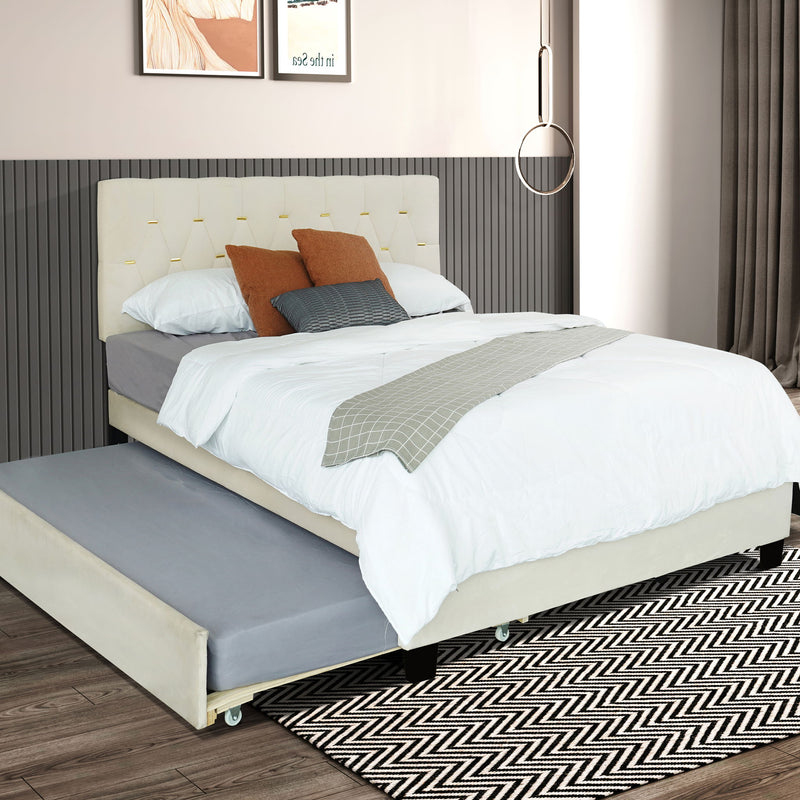 Queen Bed With Pull Out Trundle & Storage Drawers, No Box Spring Required, Space Saving Design - Beige