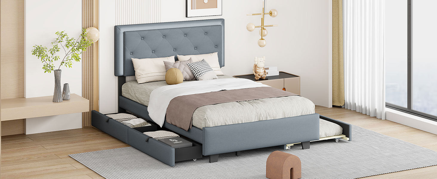 Full Size Velvet Storage Platform Bed, with 2 Big Drawers, T Size Trundle and LED Light, Gray - Atlantic Fine Furniture Melbourne FL