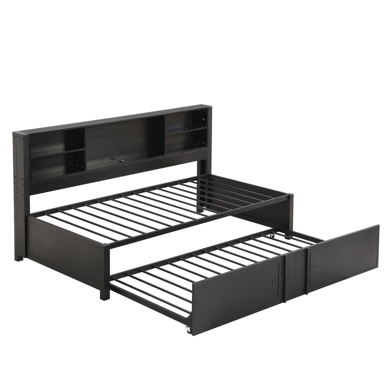 Industrial Metal Daybed With Trundle, Storage Shelves, USB Ports