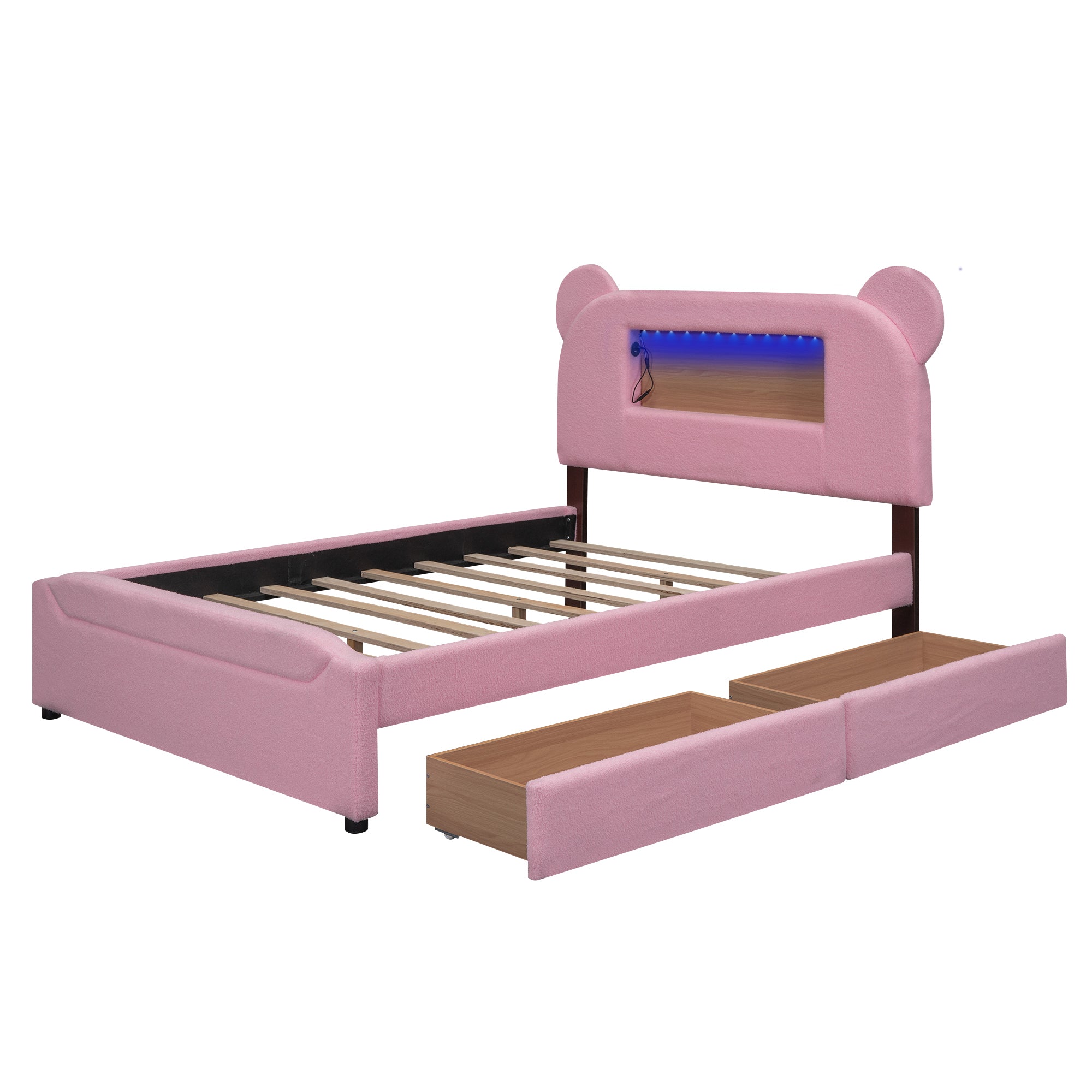 Full Size Upholstered Storage Platform Bed with Cartoon Ears Headboard, LED and USB, Pink - Atlantic Fine Furniture Melbourne FL