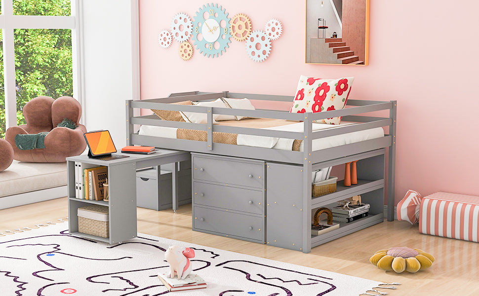 Full Size Loft Bed with Retractable Writing Desk and 3 Drawers, Wooden Loft Bed with Storage Stairs and Shelves, Gray - Atlantic Fine Furniture Melbourne FL