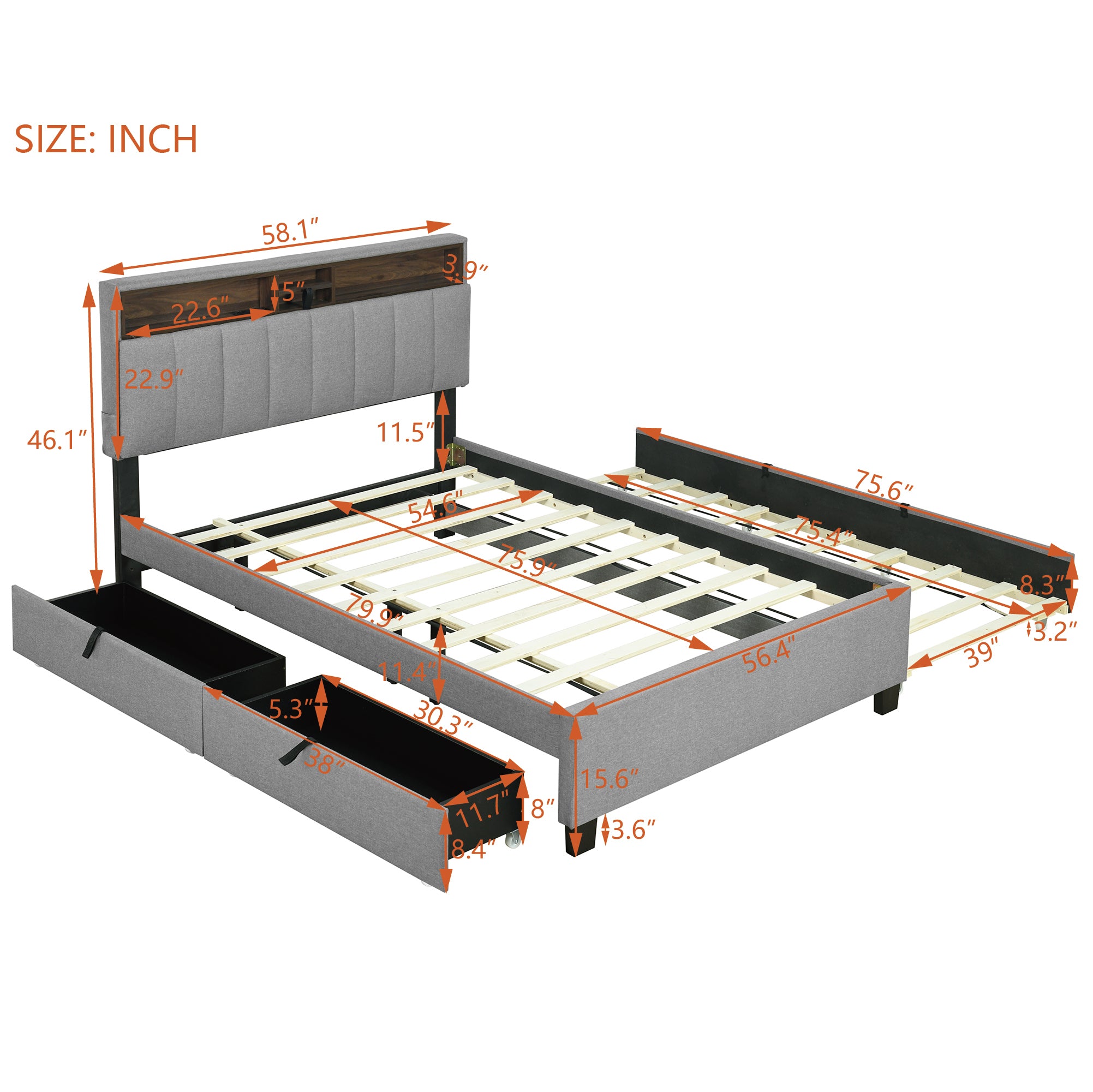 Full size Upholstered Platform Bed with Storage Headboard, Twin Size Trundle & 2 drawers and a set of Sockets & USB Ports, Linen Fabric, Gray - Atlantic Fine Furniture Melbourne FL