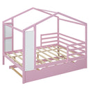 Full Size Wood House Bed with Fence and Writing Board, Pink