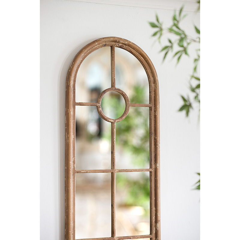 Half Round Elongated Mirror With Decorative Window Look Classic Architecture Style Solid Fir Wood Interior Decor - Brown