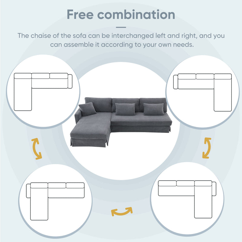 Modern L-Shaped Corduroy Sofa With Reversible Chaise, 4-Seat Upholstered Sectional Indoor Furniture, Convertible Sleeper Couch With Pillows For Living Room, Apartment