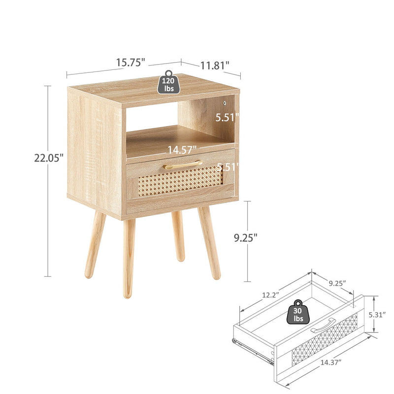 15.75" Rattan End Table With Drawer And Solid Wood Legs, Modern Nightstand, Side Table For Living Room, Bedroom