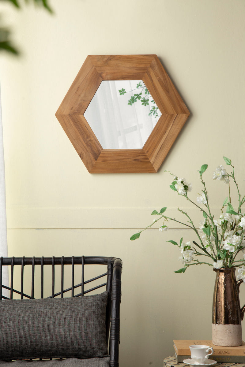 Hexagon Mirror With Natural Wood Frame, Wall Decor For Living Room Bathroom Hallway