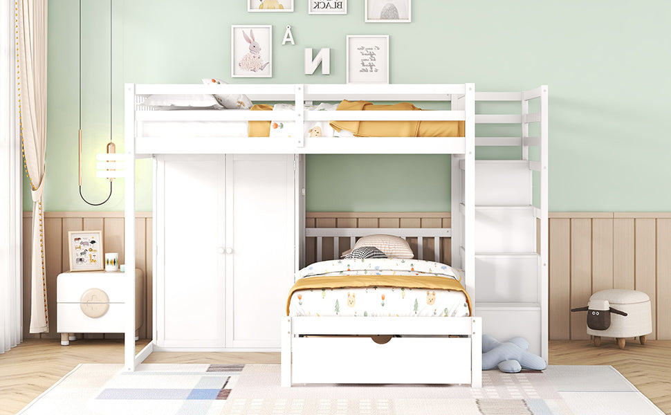 Full Over Twin Bunk Bed with Wardrobe, Drawers, White - Atlantic Fine Furniture Melbourne FL