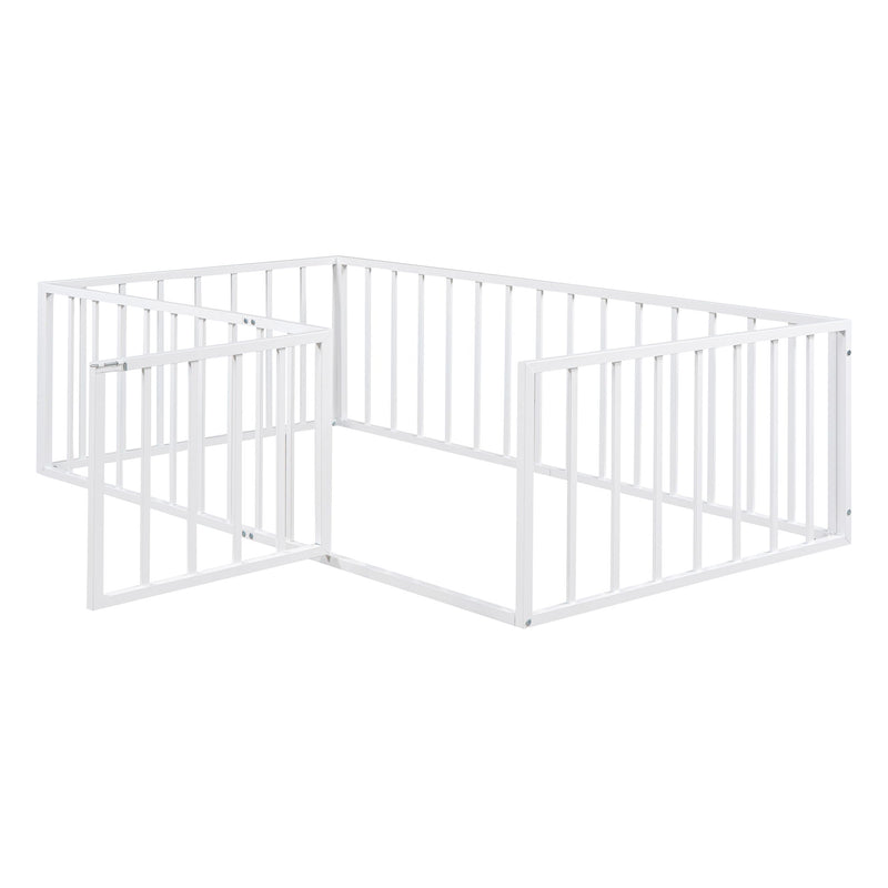 Metal Floor Bed Frame With Fence And Door - Black