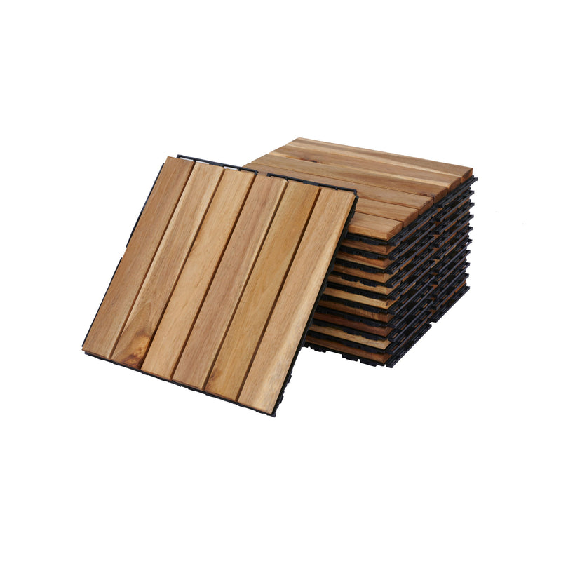 Interlocking Deck Tiles Striped Pattern, Square Acacia Hardwood Outdoor Flooring For Patio, Bancony, Pool Side