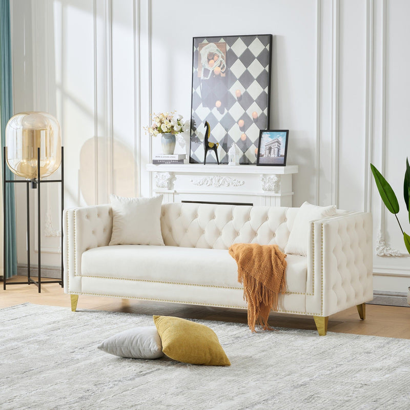 3 Seater Deep Seat Sofa, Sofa With Button Nailhead, Square Arm Couches, Furniture For Living Room - Beige