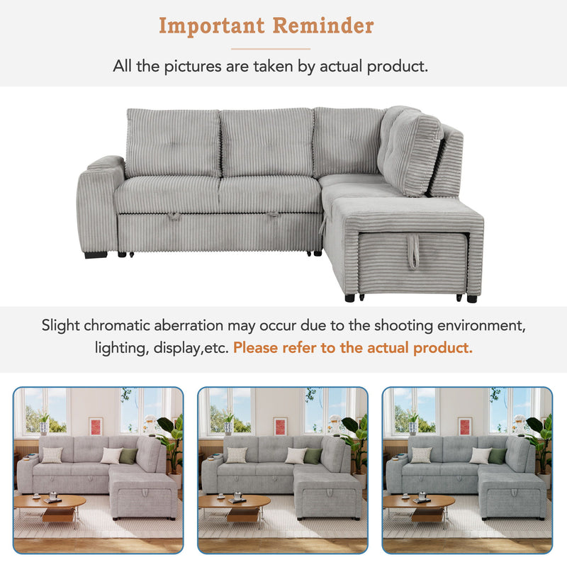 Pull-Out L-Shaped Sectional Sofa With Movable Ottoman And Stool, Large Storage Space, A Cup Holder, And 2 USB Ports For Living Room