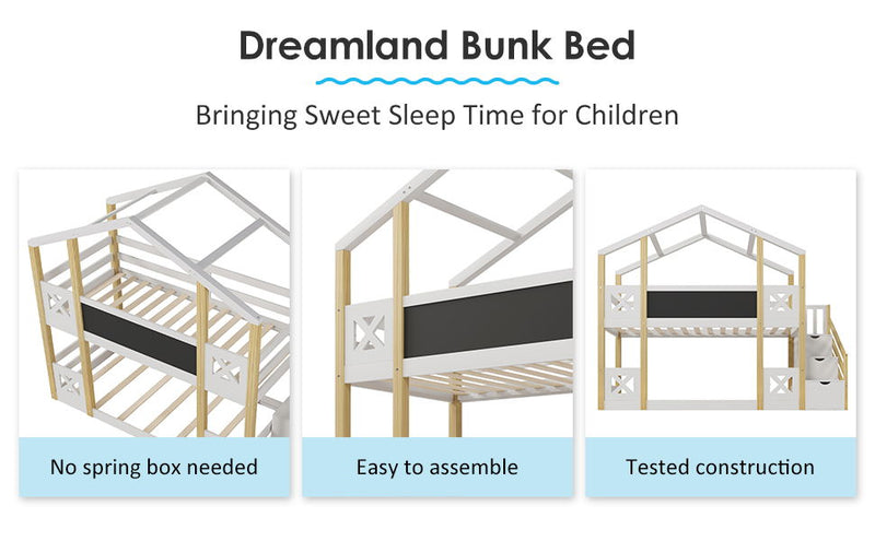 Twin Over Twin House Bunk Bed With White Storage Staircase And Blackboards - White