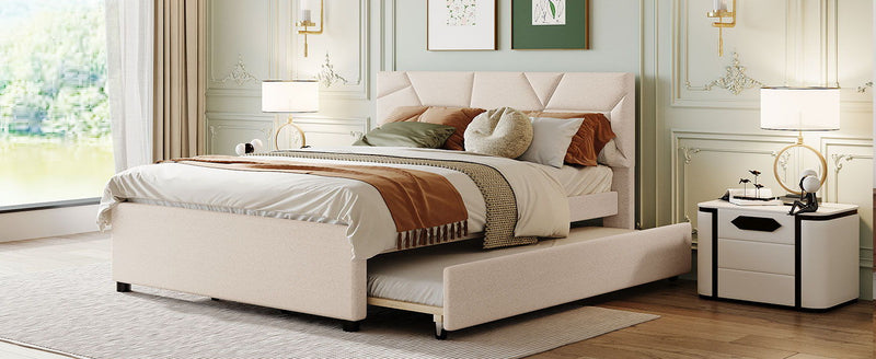 Upholstered Platform Bed With Brick Pattern Headboard And Twin Long Size Trundle