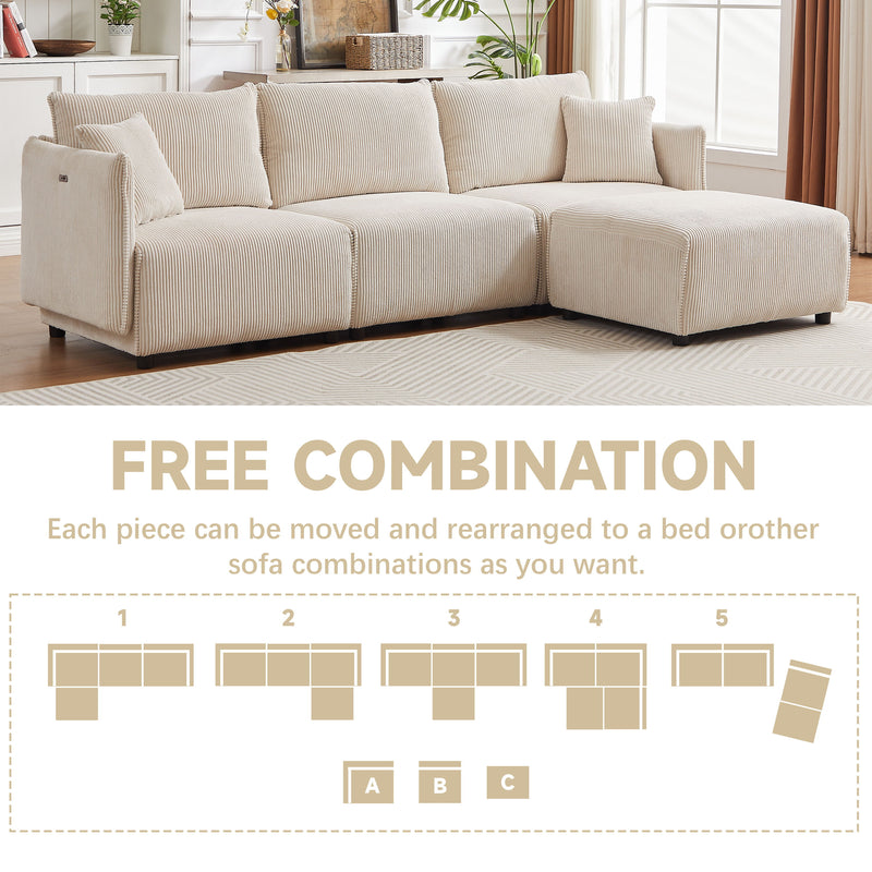 Multi-Module Combination Style Sofa For Living Room, Bedroom And Other Lounge Spaces, Modern Minimalist Corduroy Combination Sofa With 2 Comfort Cushions With USB & C Charging Ports, Two Sets