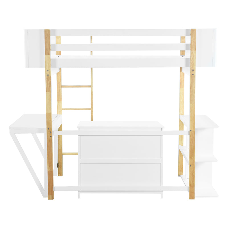 Twin Size Wood Loft Bed With Built-in Storage Cabinet and Cubes, Foldable desk, White