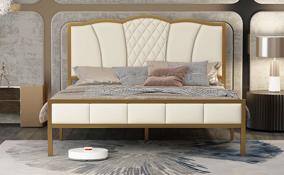Queen Size Bed Frame, Modern Upholstered Bed Frame with Tufted Headboard, Golden Metal Platform Bed Frame with Wood Slat Support, Noise Free, No Box Spring Needed,Beige - Atlantic Fine Furniture Melbourne FL