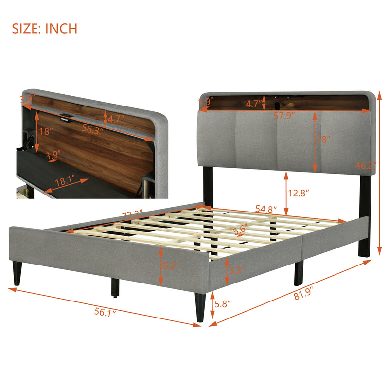 Full size Upholstered Platform Bed with Storage Headboard, Sensor Light and a set of Sockets and USB Ports, Linen Fabric, Gray