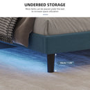 Queen Size Upholstered Platform Bed Linen Bed Frame with Lights Square Stitched Adjustable Headboard Strong Bed Slats System No Box Spring Needed Blue