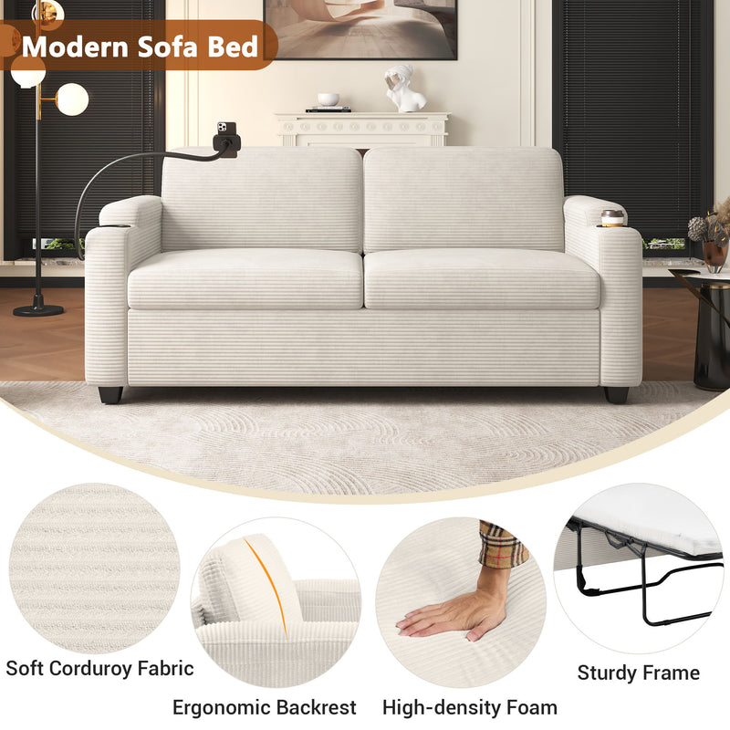 Corduroy Sleeper Sofa Loveseat Sofa With Full Size Mattress, 2 USB Ports, 2 Cup Holders, 2 Side Pockets And Phone Holder